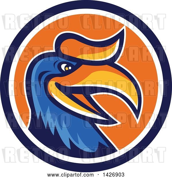 Vector Clip Art of Retro Cartoon Hornbill or Bucerotidae Bird Mascot in a Blue White and Orange Circle