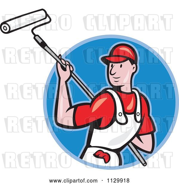 Vector Clip Art of Retro Cartoon House Painter Worker Using a Roller in a Blue Circle