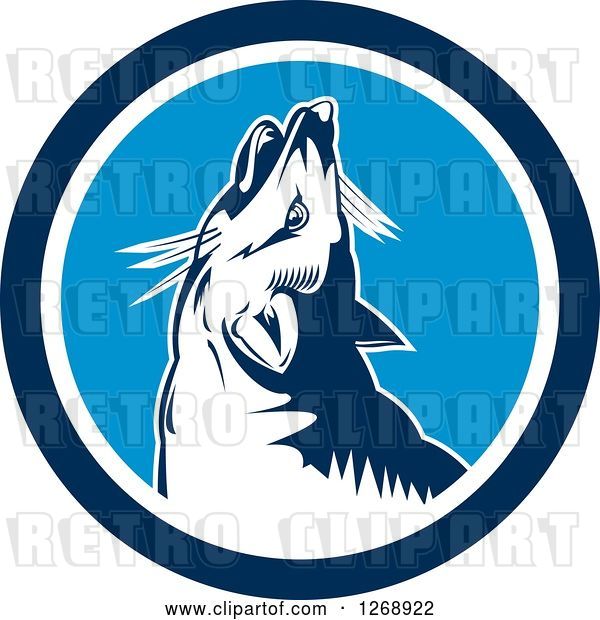 Vector Clip Art of Retro Cartoon Howling Fox in a Blue and White Circle