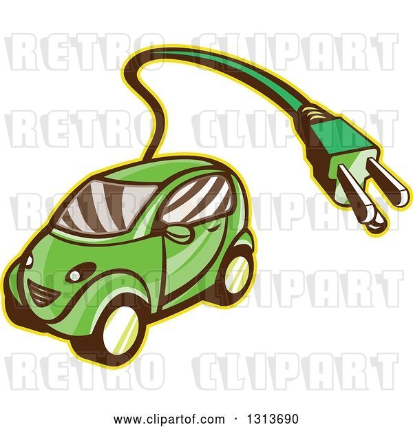 Vector Clip Art of Retro Cartoon Hybrid Electric Car with a Plug