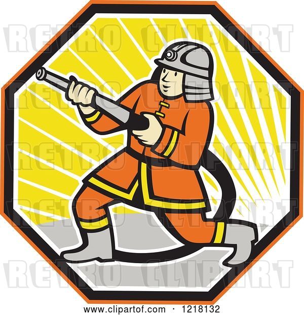 Vector Clip Art of Retro Cartoon Japanese Firefighter with a Hose in a Hexagon of Sunshine