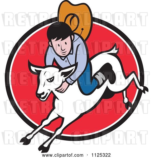 Vector Clip Art of Retro Cartoon Junior Rodeo Cowboy on a Sheep over a Red Oval