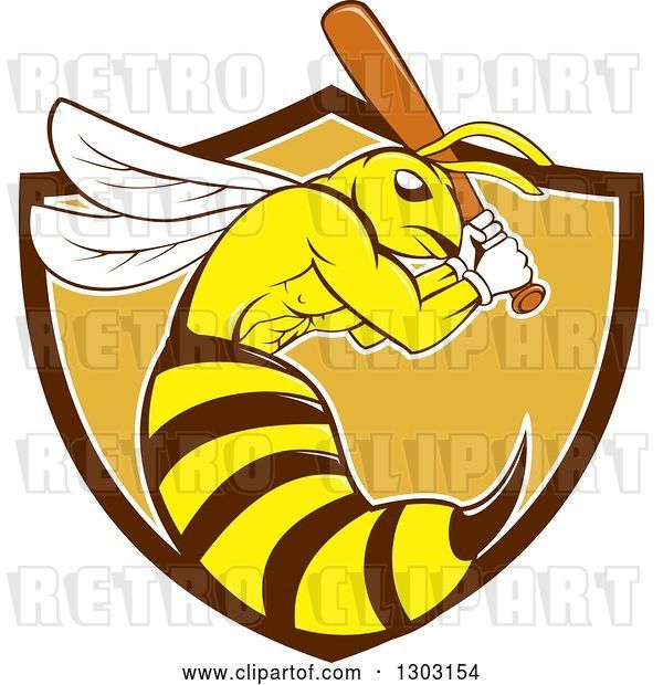 Vector Clip Art of Retro Cartoon Killer Bee Baseball Player Mascot Batting in a Bown White and Orange Shield
