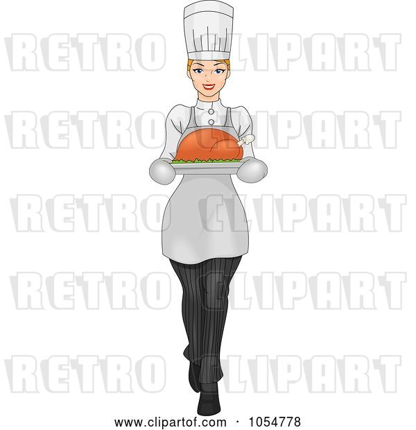 Vector Clip Art of Retro Cartoon Lady Carrying a Roasted Bird on a Platter