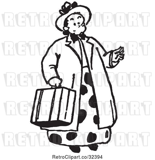 Vector Clip Art of Retro Cartoon Lady Carrying a Suitcase in