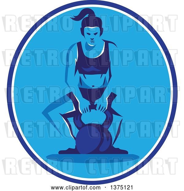 Vector Clip Art of Retro Cartoon Lady Crouching to Lift a Kettlebell in a Blue and White Oval