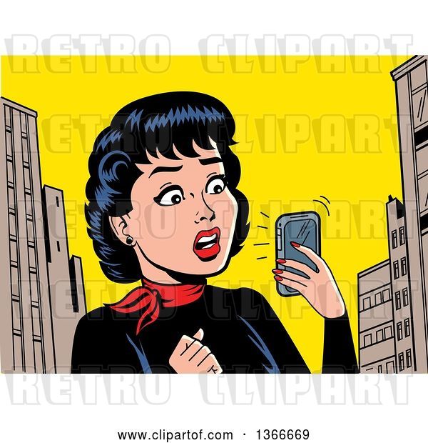 Vector Clip Art of Retro Cartoon Lady Holding a Smart Phone and Reading a Shocking Notification