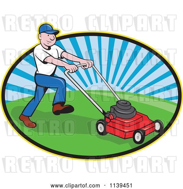 Vector Clip Art of Retro Cartoon Landscaper Mowing a Lawn