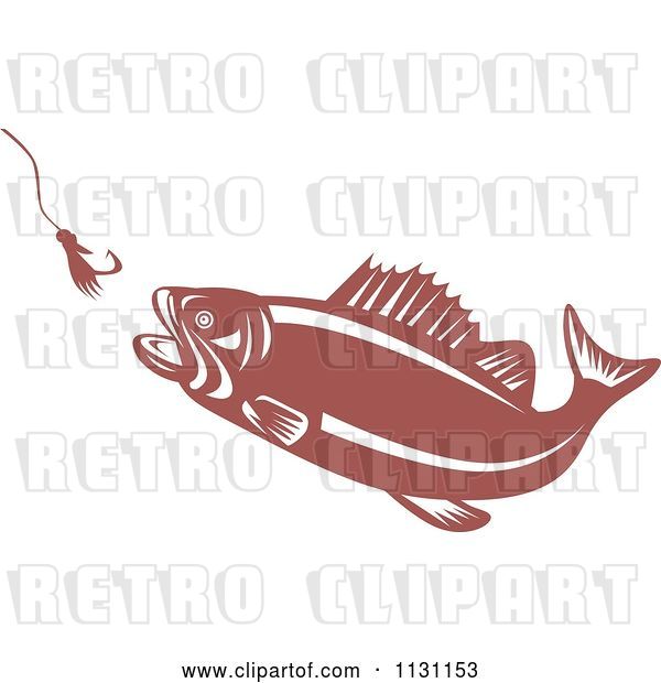 Vector Clip Art of Retro Cartoon Largemouth Bass Fish Chasing a Hook and Lure