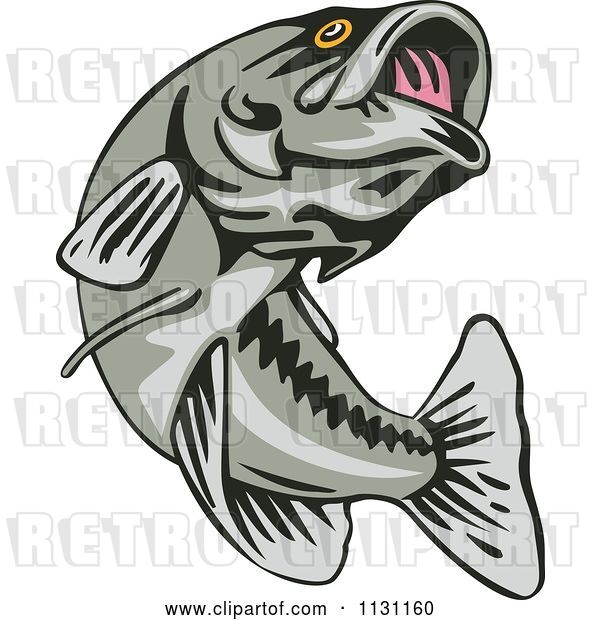 Vector Clip Art of Retro Cartoon Leaping Largemouth Bass Fish
