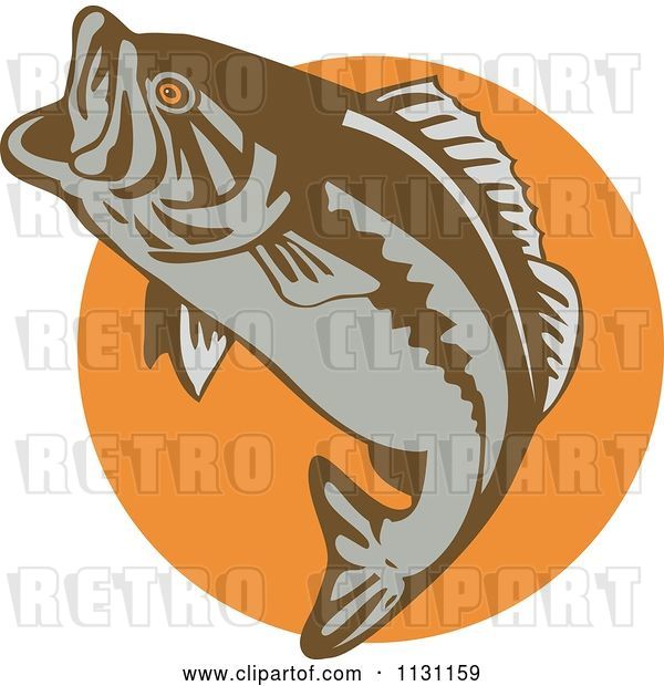 Vector Clip Art of Retro Cartoon Leaping Largemouth Bass Fish over an Orange Circle