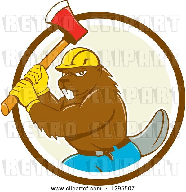 Vector Clip Art of Retro Cartoon Lumberjack Beaver Wearing a Hard Hat and Wielding an Axe in a Brown White and Pastel Green Circle