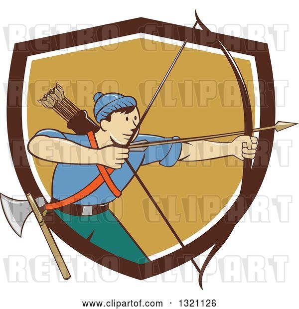 Vector Clip Art of Retro Cartoon Male Archer Aiming an Arrow and Emerging from a Brown White and Tan Shield