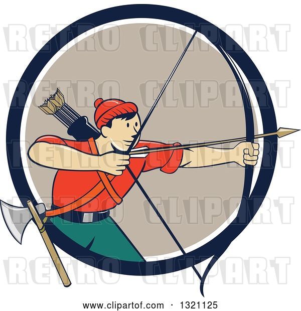 Vector Clip Art of Retro Cartoon Male Archer Aiming an Arrow and Emerging from a Navy Blue White and Tan Circle