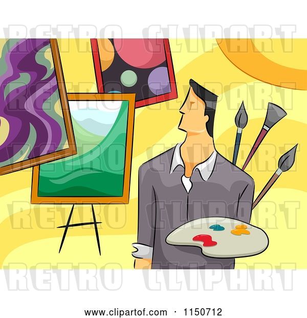 Vector Clip Art of Retro Cartoon Male Artist with Paintings