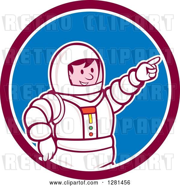 Vector Clip Art of Retro Cartoon Male Astronaut Pointing in a Maroon White and Blue Circle
