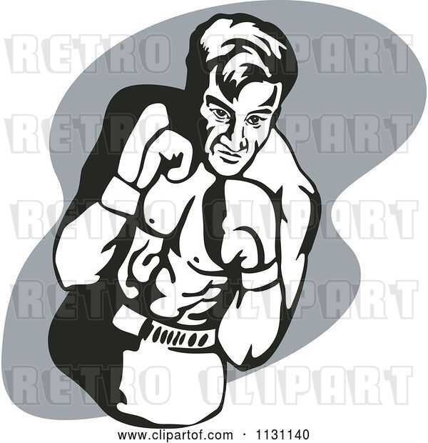 Vector Clip Art of Retro Cartoon Male Athlete Boxer Guy over Gray