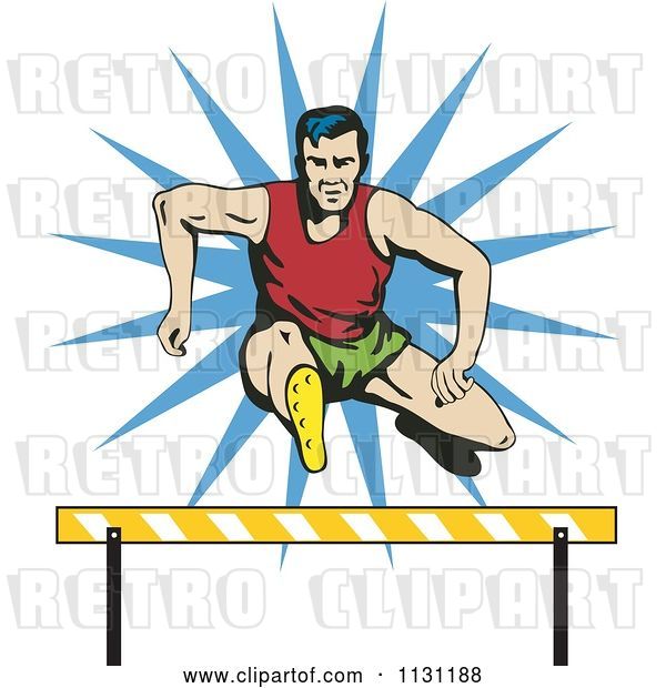 Vector Clip Art of Retro Cartoon Male Athlete Jumping a Hurdle 1