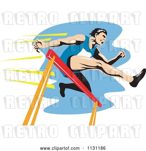 Vector Clip Art of Retro Cartoon Male Athlete Jumping a Hurdle 3
