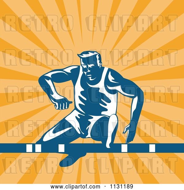 Vector Clip Art of Retro Cartoon Male Athlete Jumping a Hurdle over Rays