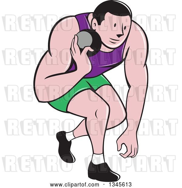 Vector Clip Art of Retro Cartoon Male Athlete Throwing a Shotput