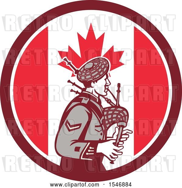 Vector Clip Art of Retro Cartoon Male Bagpiper in a Canadian Flag Circle