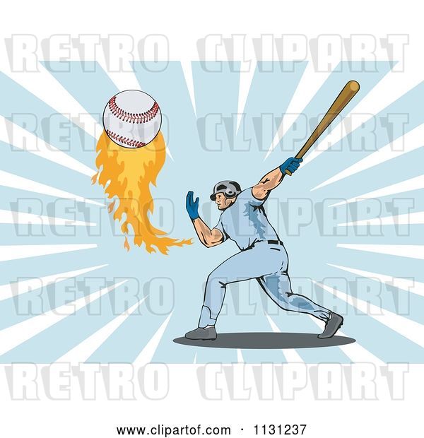 Vector Clip Art of Retro Cartoon Male Baseball Athlete Hitting a Flaming Ball over Rays