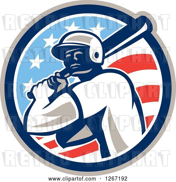 Vector Clip Art of Retro Cartoon Male Baseball Player Batting Inside an American Flag Circle