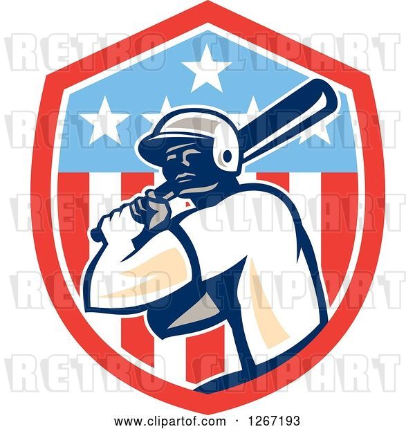 Vector Clip Art of Retro Cartoon Male Baseball Player Batting Inside an American Flag Shield