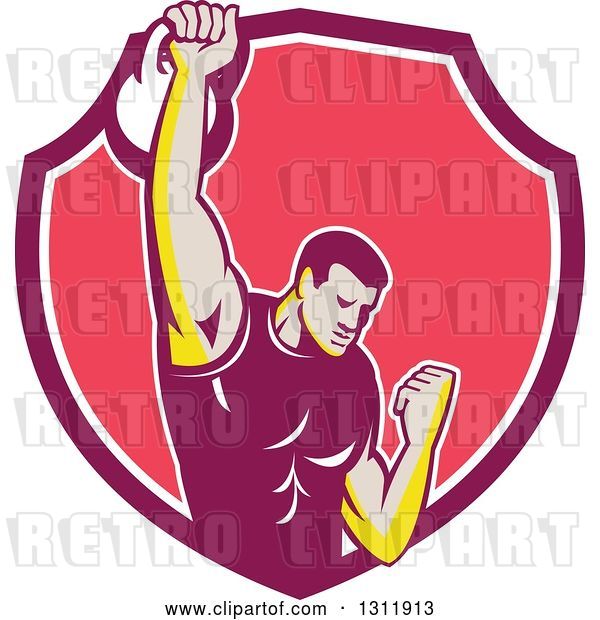 Vector Clip Art of Retro Cartoon Male Bodybuilder Lifting a Kettlebell and Emerging from a Pink and White Shield