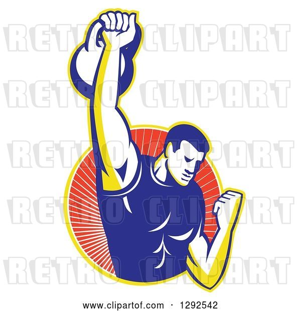 Vector Clip Art of Retro Cartoon Male Bodybuilder Lifting a Kettlebell and Emerging from a Yellow and Red Ray Circle