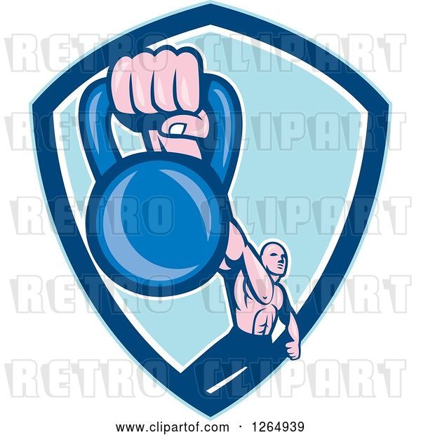 Vector Clip Art of Retro Cartoon Male Bodybuilder Working out with a Kettlebell in a Blue and White Shield