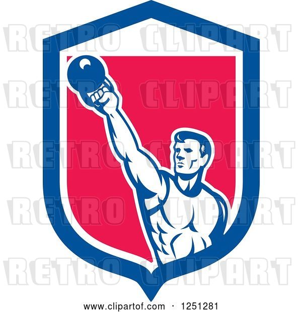 Vector Clip Art of Retro Cartoon Male Bodybuilder Working out with a Kettlebell in a Blue White and Pink Shield