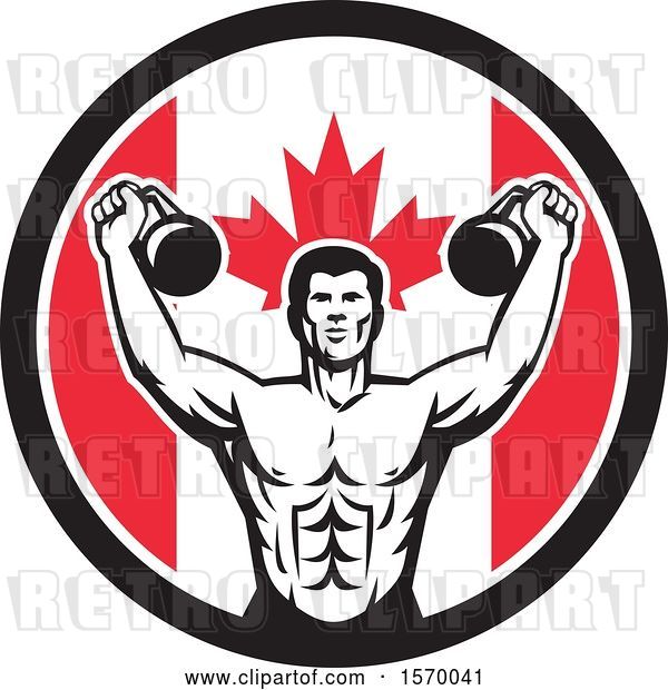 Vector Clip Art of Retro Cartoon Male Bodybuilder Working out with Kettlebells in a Canadian Flag Circle