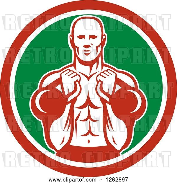 Vector Clip Art of Retro Cartoon Male Bodybuilder Working out with Kettlebells in a Red White and Green Circle