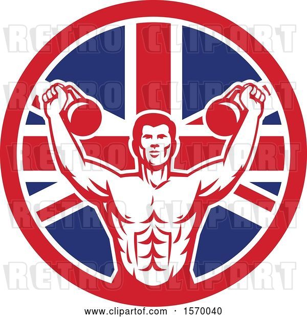 Vector Clip Art of Retro Cartoon Male Bodybuilder Working out with Kettlebells in a Union Jack Flag Circle