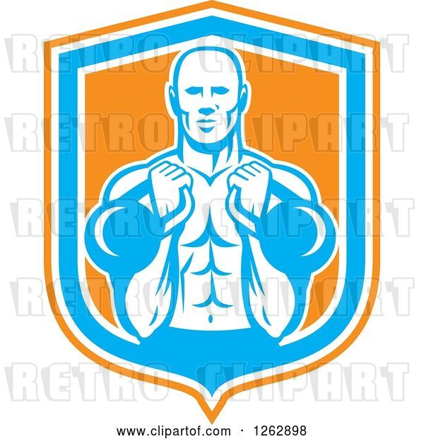 Vector Clip Art of Retro Cartoon Male Bodybuilder Working out with Kettlebells in an Orange White and Blue Shield