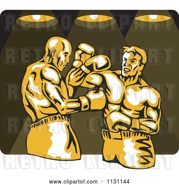 Vector Clip Art of Retro Cartoon Male Boxers Fighting Under Lights