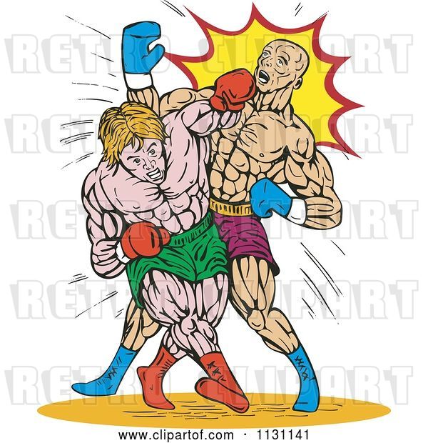 Vector Clip Art of Retro Cartoon Male Boxers Throwing Punches