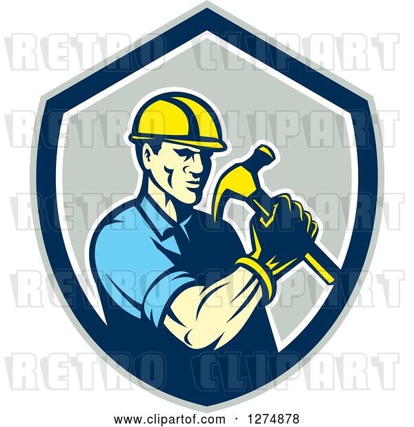 Vector Clip Art of Retro Cartoon Male Builder Construction Worker Holding a Hammer in a Gray Blue and White Shield