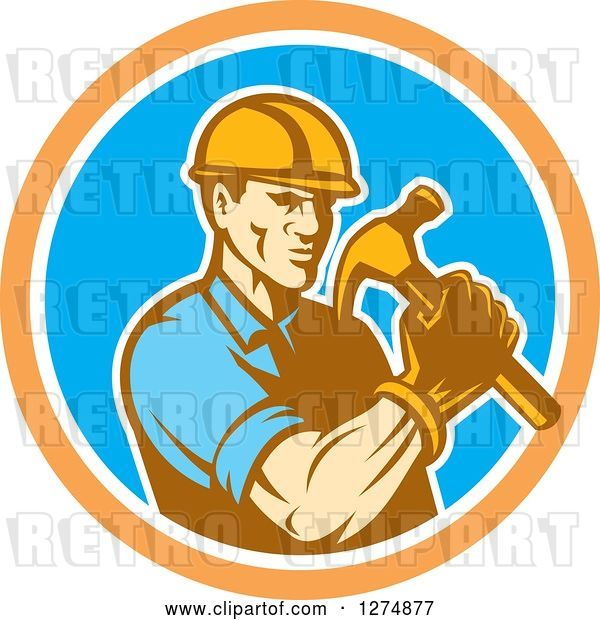 Vector Clip Art of Retro Cartoon Male Builder Construction Worker Holding a Hammer in an Orange White and Blue Circle