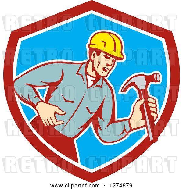 Vector Clip Art of Retro Cartoon Male Builder Shouting and Holding a Hammer in a Red White and Blue Shield