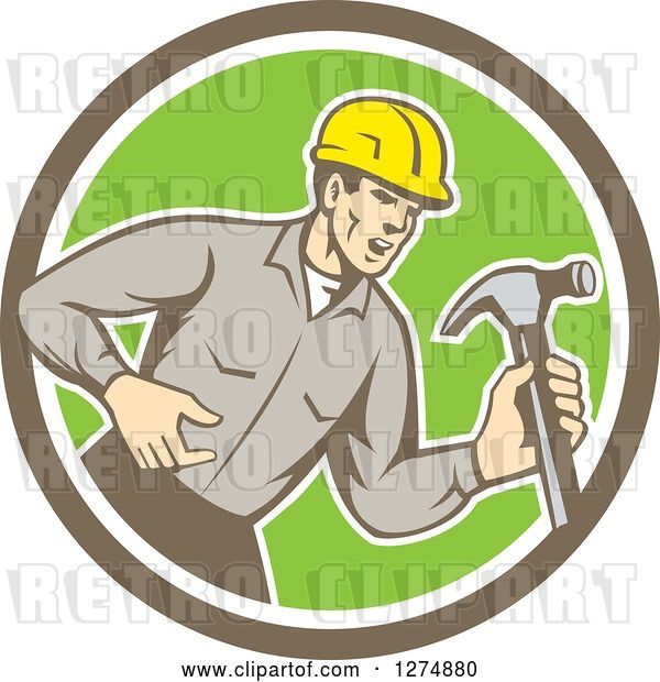 Vector Clip Art of Retro Cartoon Male Builder Shouting and Holding a Hammer in a Taupe White and Green Circle