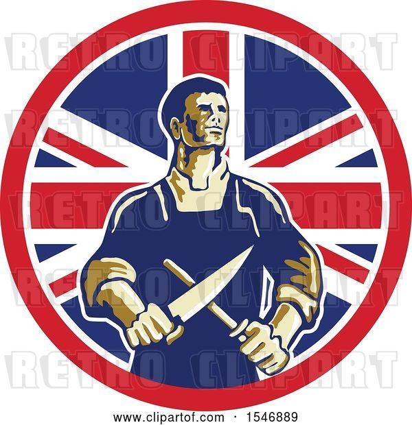 Vector Clip Art of Retro Cartoon Male Butcher Sharpening a Knife in a Union Jack Flag Circle