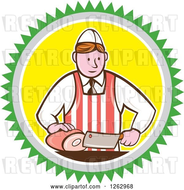 Vector Clip Art of Retro Cartoon Male Butcher Slicing Ham in a Green Gray White and Yellow Circle