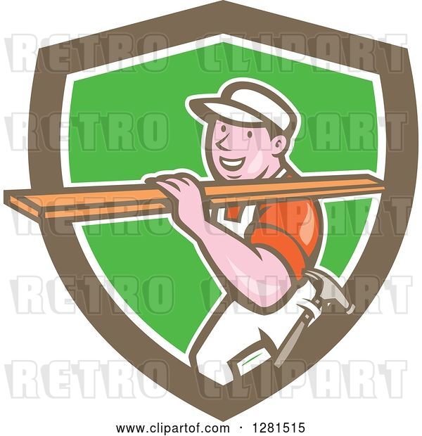 Vector Clip Art of Retro Cartoon Male Carpenter Carrying Lumber in a Brown White and Green Shield