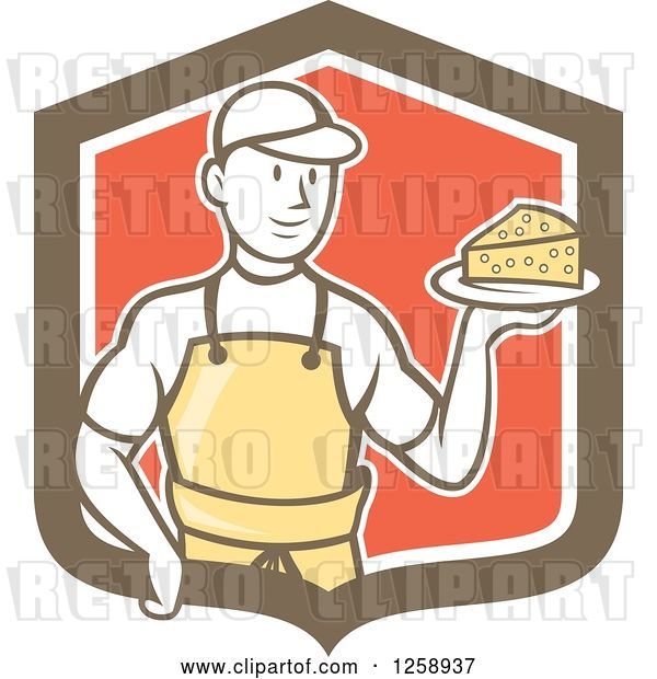Vector Clip Art of Retro Cartoon Male Cheesemaker Holding a Parmesan Block in a Brown White and Red Shield