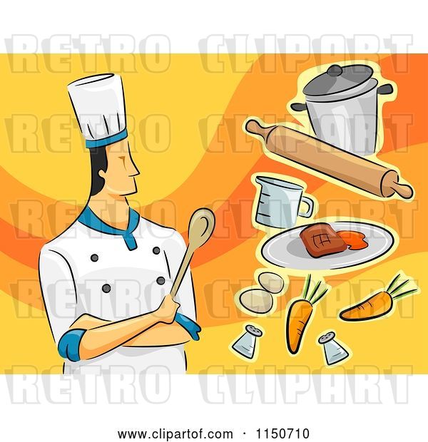 Vector Clip Art of Retro Cartoon Male Chef with Food