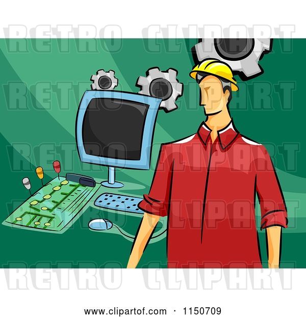 Vector Clip Art of Retro Cartoon Male Computer Engineer with Parts