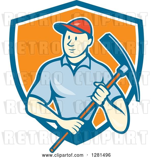 Vector Clip Art of Retro Cartoon Male Construction Worker Holding a Pickaxe in a Blue White and Orange Shield